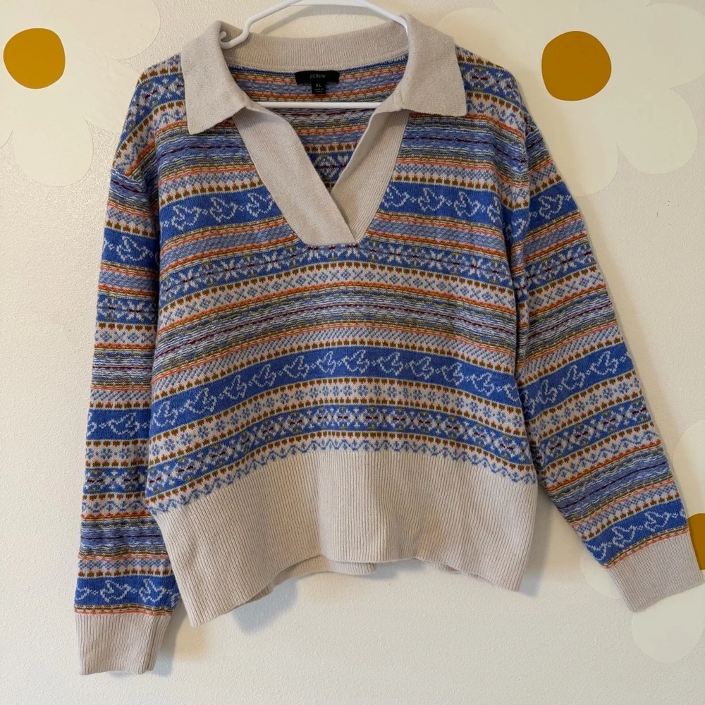 EUC J. Crew Lambs Wool Blend Fair Isle Collared Sweater Blue Orange Cream Birds